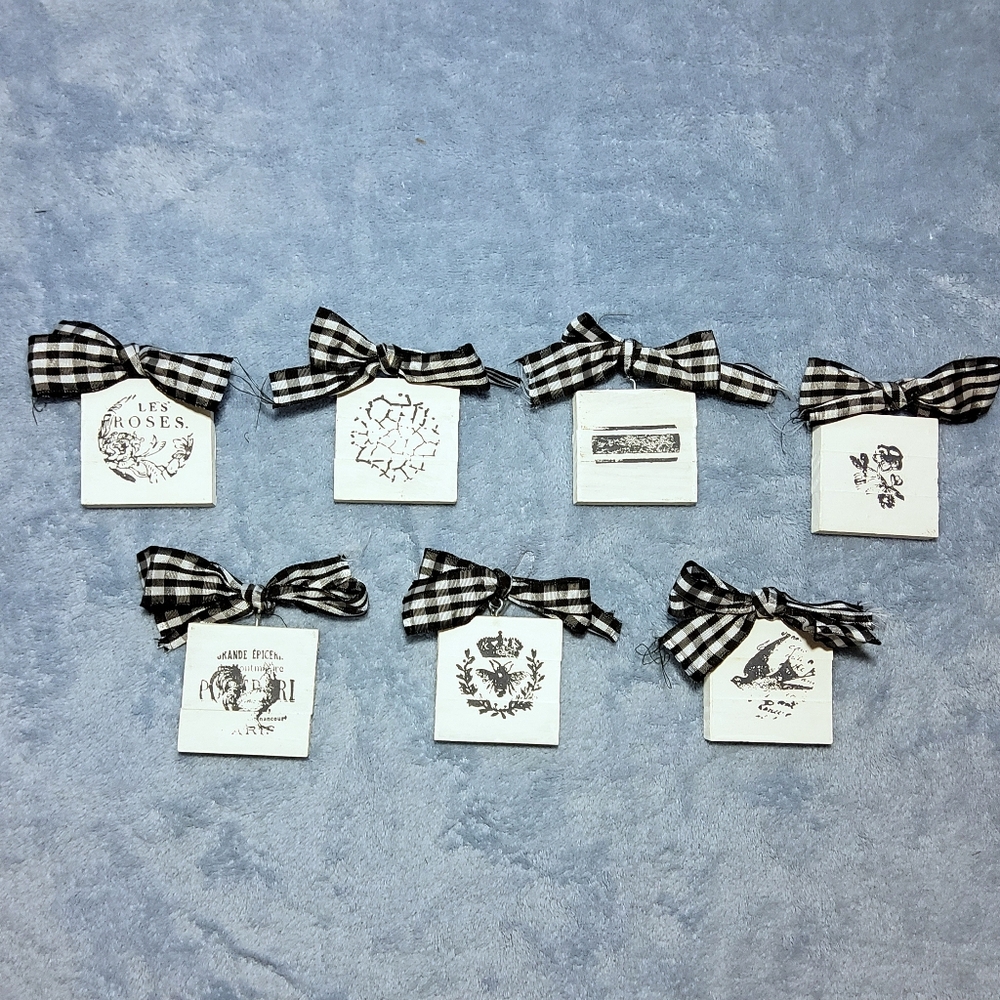 Handmade Square Wood Slice Christmas Ornaments Set of 7 Buffalo Plaid Gingham BW